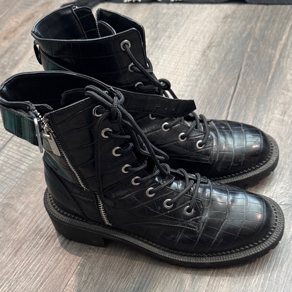 Elegant Black Crocodile-Embossed Combat Boots